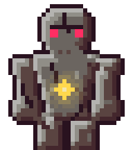 the redrawn golem: bevel-shaded stone with cracks, a glowing rune and lit eyes