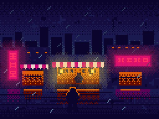 pixel-art night market street: neon signs, lit stalls, hanging lanterns, and a lone figure silhouetted against the light pooling on a wet road